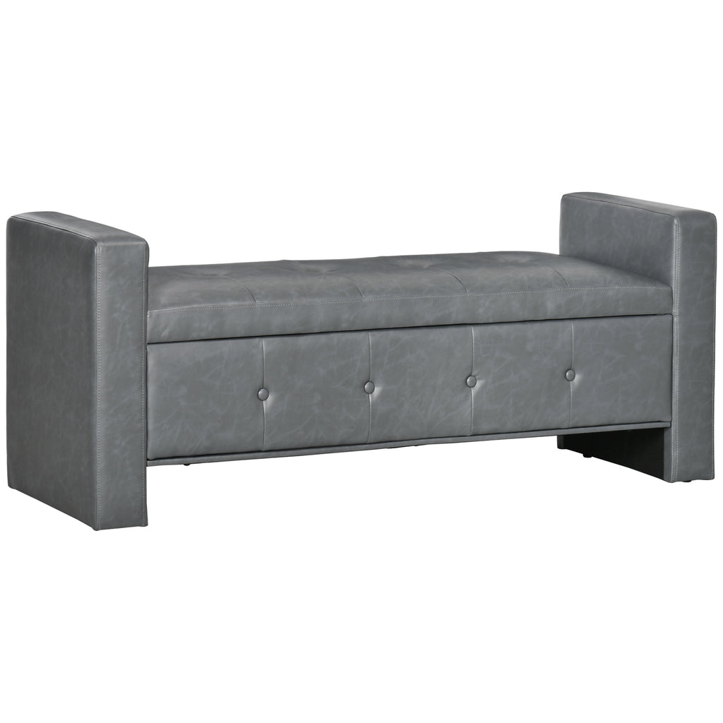 Rectangular Storage Ottoman Bench, Button Tufted Faux Leather Upholstered Footstool with Soft Closing Hinged Lid and Armrests for Bedroom, Grey