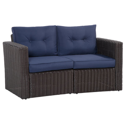 2 Piece Patio Wicker Corner Sofa Set, Outdoor PE Rattan Furniture, with Curved Armrests and Padded Cushions for Balcony, Dark Blue
