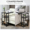 C Shaped End Table with Storage Shelves, Mobile Side Table with Wheels for Sofa Couch, Bed, Metal Frame, Black