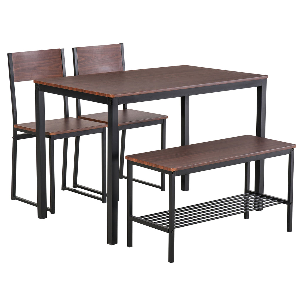 Industrial 4 Piece Dining Room Table Set with Bench Wooden Kitchen Table and Chairs w/ Storage Rack for Kitchen, Dinette, Rustic Brown/Black