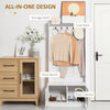 Modern Hall Tree, Entryway Coat Rack with Shoe Bench, 5 Hooks, Storage Shelf and Slatted Door Cabinet for Hallway, White
