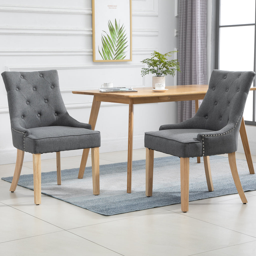2 Piece Fabric Dining Chairs Set of 2, Leisure Padded Accent Chair with Armrest, Solid Wooden Legs, Dark Grey