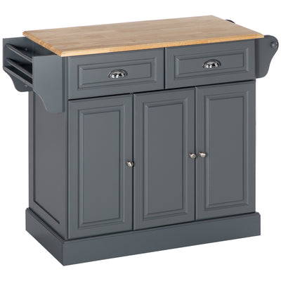 Kitchen Island with Storage Rolling Kitchen Serving Cart with Rubber Wood Top Towel Rack Storage Drawer Cabinet Grey