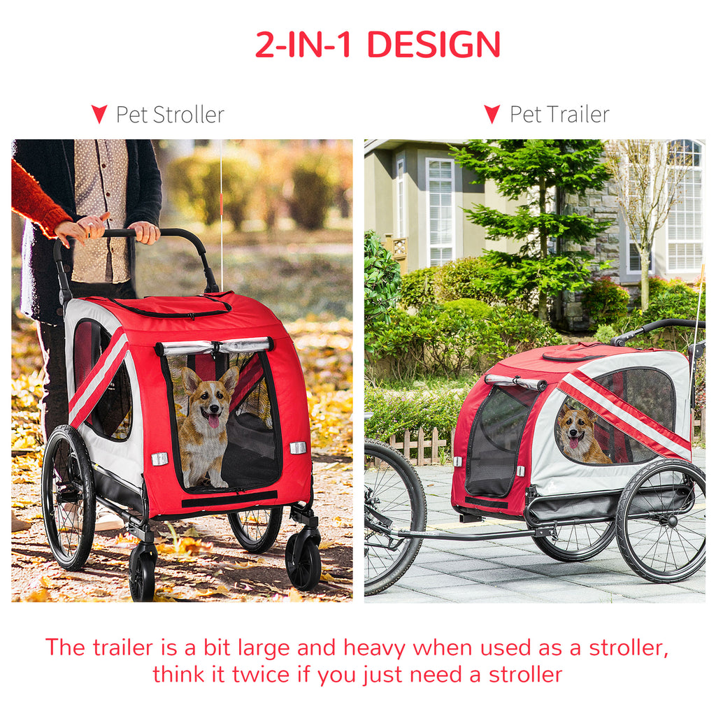 Dog Bike Trailer 2-in-1 Pet Stroller Cart Bicycle Wagon Cargo Carrier Attachment for Travel with Universal Wheel Reflectors Flag Red