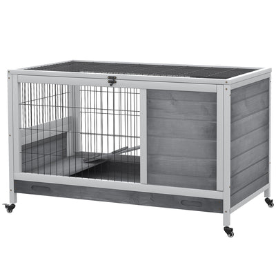 Wooden Rabbit Hutch Indoor Elevated Cage Habitat with No Leak Tray Enclosed Run with Wheels, Ideal for Rabbits and Guinea Pigs, Grey