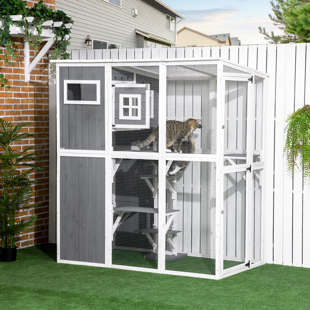 Outdoor Cat House, Walk in Wooden Catio with PVC Weather Protection Roof, Multiple Platforms, Resting Condo, Enter Doors, Observation Window, for 2 Cats