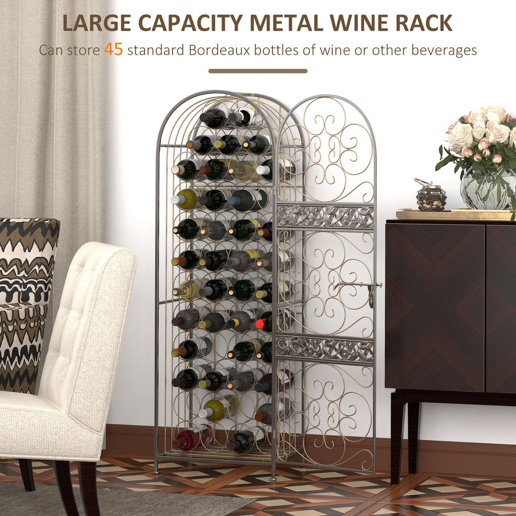 45 Bottle Standing Wine Storage, Metal Wine Rack with Sliding Lock Door, Floor Wine Rack, Wrounght Iron Wine Bottle rack, Antique Bronze