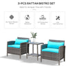 3 Pcs Rattan Wicker Bistro Set with Soft Cushions, Outdoor Coffee Sets with Glass Table and Open Storage Shelf for Patio, Green