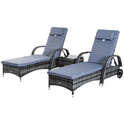 3 Pieces Patio Wicker Chaise Lounge Chair Set, Adjustable PE Rattan Cushioned Lounge Set of 2 with Armrests, Side Table & Moving Wheels, Grey