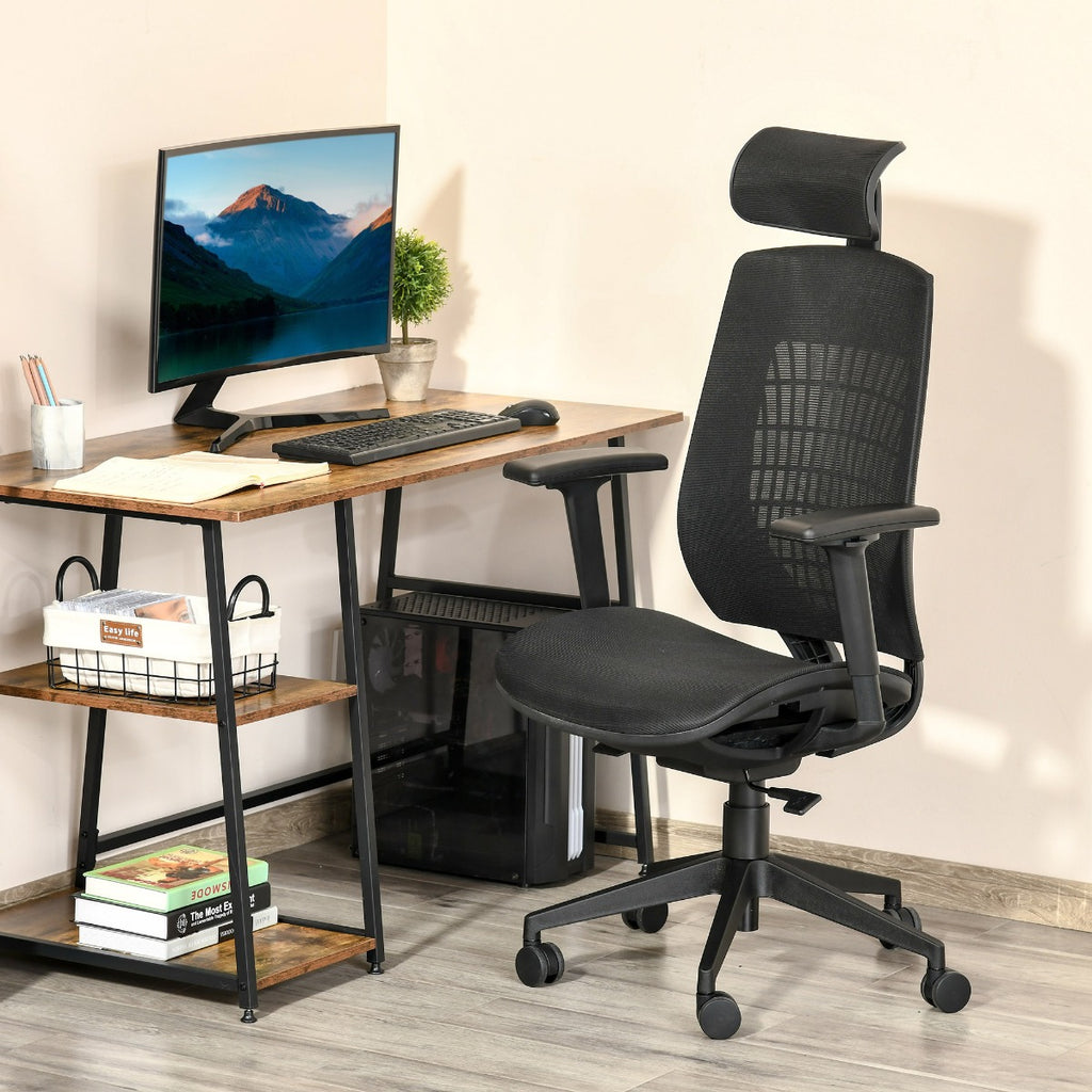 Ergonomic Mesh Office Chair High-Back Desk Chair with Breathable Fabric, 3D Armrest, Rotatable Headrest, Adjustable Lumbar Support, Black