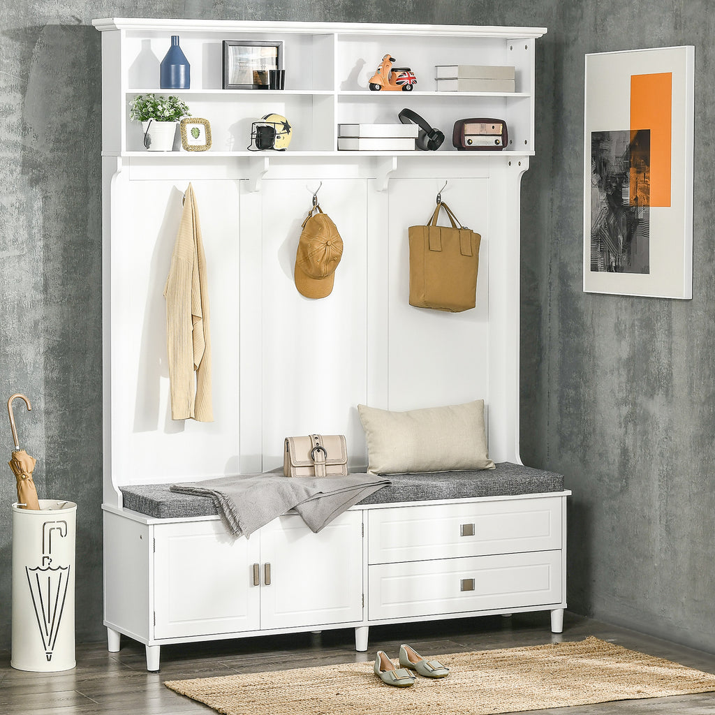 Hall Tree with Storage Bench, Entryway Bench with Coat Rack, Accent Coat Tree with Storage Shelves, Cabinet and Drawers for Hallway, White