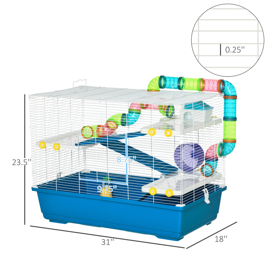 Extra Large 31" Hamster Cage with Tubes and Tunnels, Carry Handles, Big Habitats 5-Tier Design, Exercise Wheel, Water Bottle, Food Dish, Blue