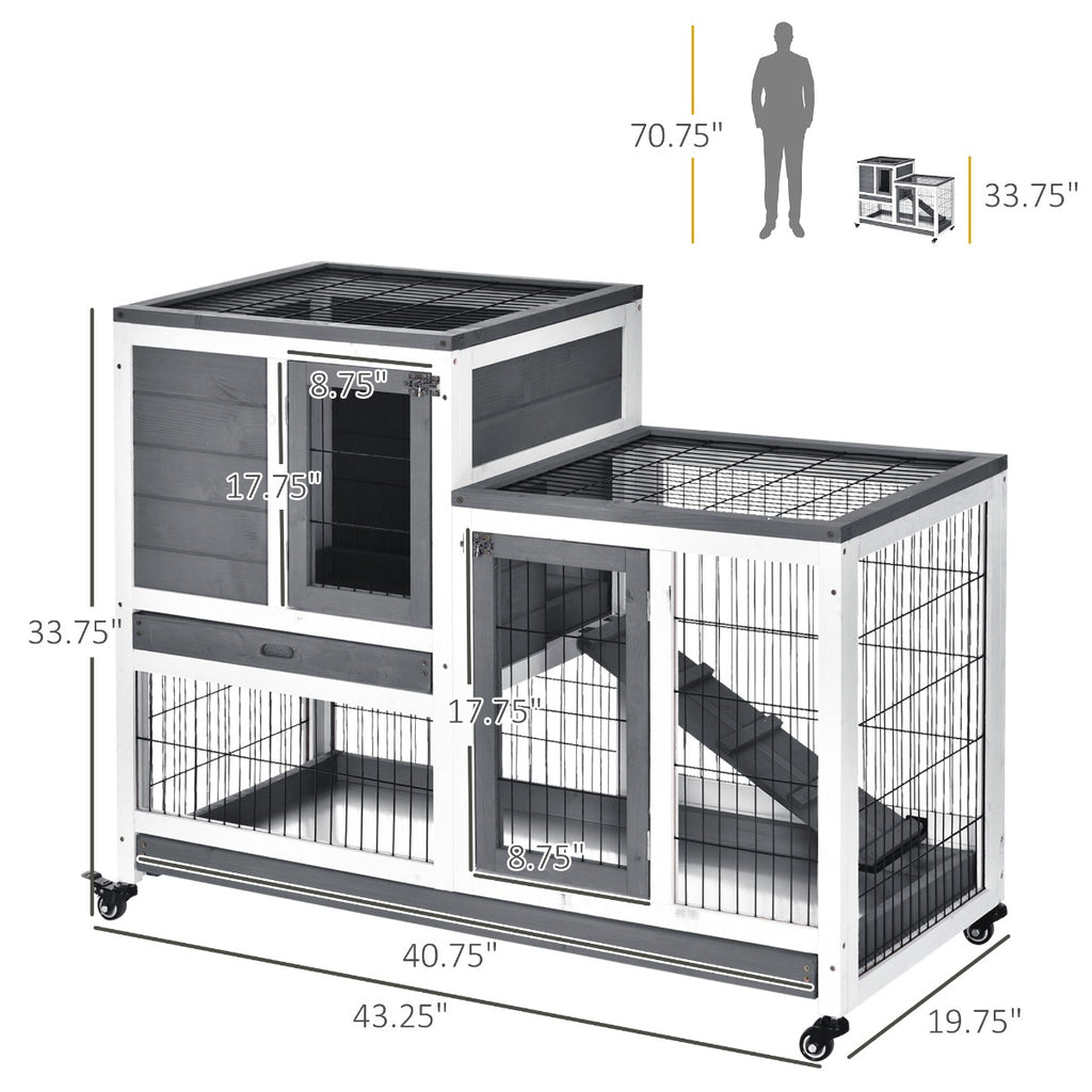 Wooden Rabbit Hutch Elevated Bunny Cage Indoor Small Animal Habitat with Enclosed Run with Wheels, Ramp, Removable Tray for Guinea Pigs, Grey