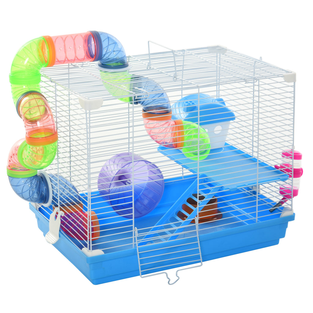 2-Level Hamster Cage Rodent Gerbil House Mouse Rat Habitat Metal Wire with Exercise Wheel, Play Tubes, Water Bottle, Food Dishes, & Ladder