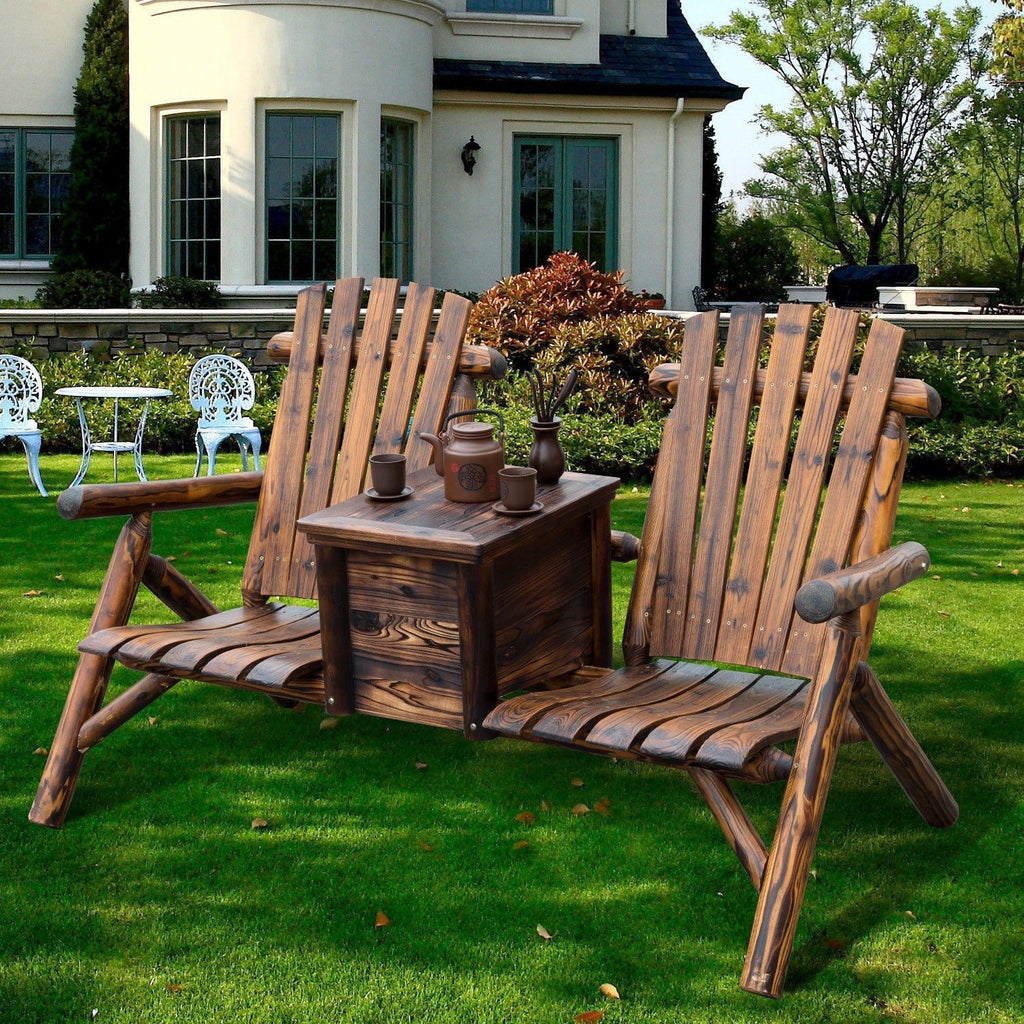 Wooden Double Adirondack Chair Loveseat with Inset Ice Bucket, Rustic Aesethic, & Weather-Resistant Materials