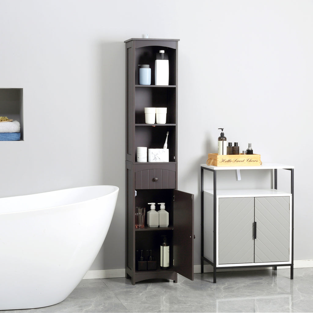 Bathroom Storage Cabinet, Free Standing Bath Storage Unit, Tall Linen Tower with 3-Tier Shelves and Drawer, Brown