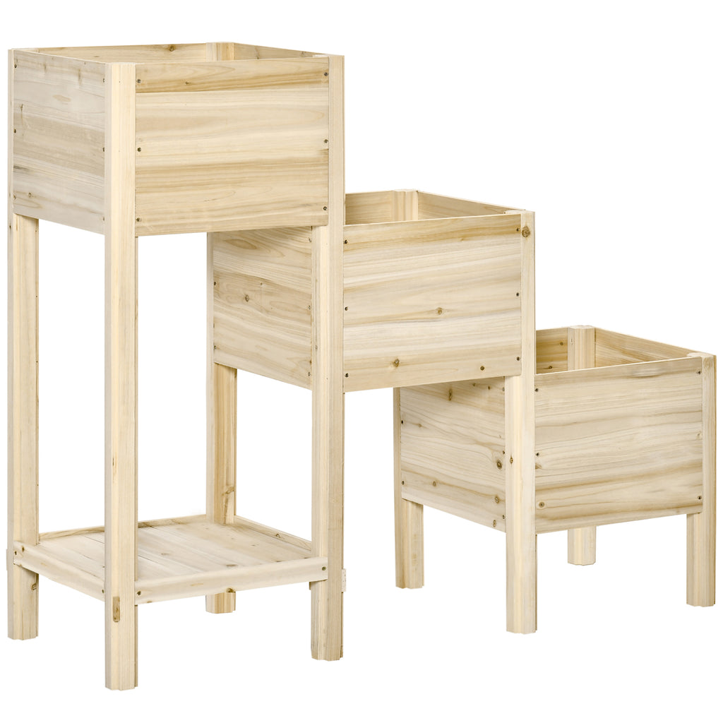 49" x 18" x 43" 3-Tier Raised Garden Bed w/ Storage Shelf, Outdoor Wood Elevated Planter Box Kit, Freestanding Wooden Plant Stand