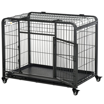 Folding Design Heavy Duty Metal Dog Cage Crate & Kennel with Removable Tray and Cover, & 4 Locking Wheels, Indoor/Outdoor 49
