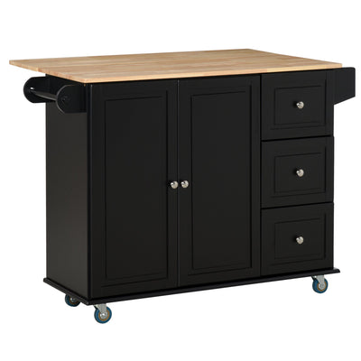 Rolling Kitchen Island Cart, Mobile Kitchen Island Storage Trolley Cart with Drop Leaf, TowelRack, 3 Drawers and 2-Door Cabinet, Black
