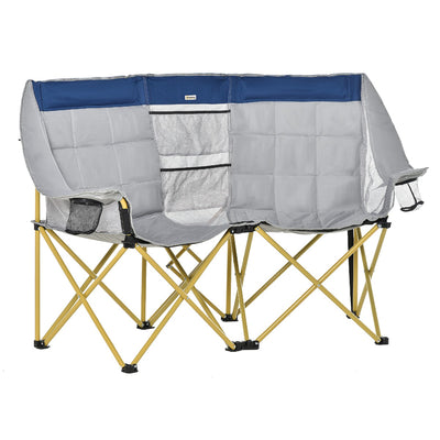 Double Seat Camping Chair Folding Lawn Loveseat w/ Storage Pocket & Cup Holder Compact and Sturdy in a Bag for Outdoor, Beach, Navy Blue