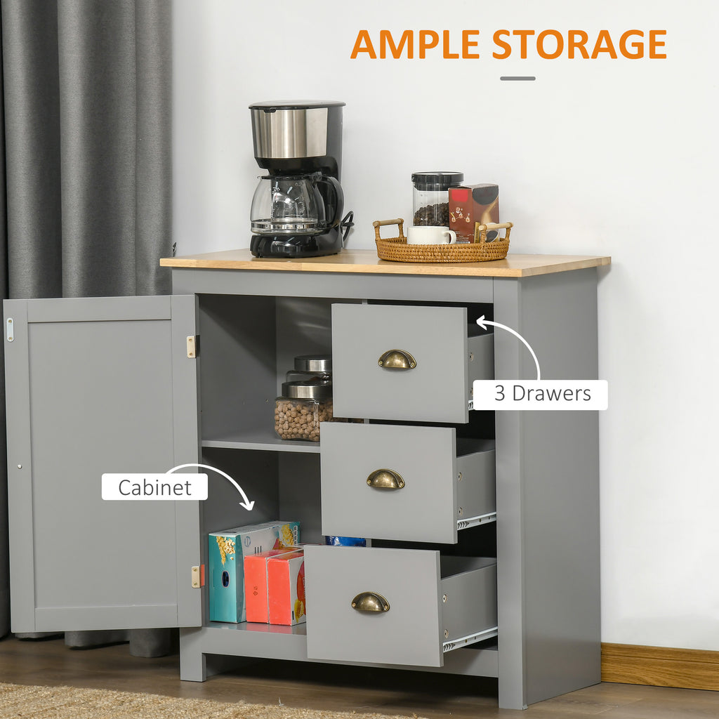Modern Floor Cabinet, Storage Sideboard, Kitchen Buffet Table with Rubberwood Top, 3 Drawers and Cabinet with Adjustable Shelf, Grey