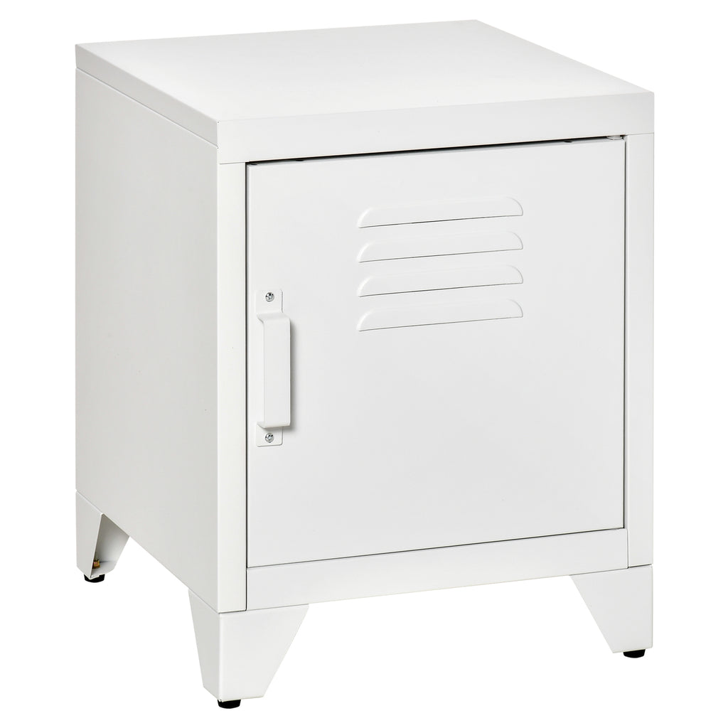 Industrial End Table, Living Room Side Table with Locker-Style Door and Adjustable Shelf, White