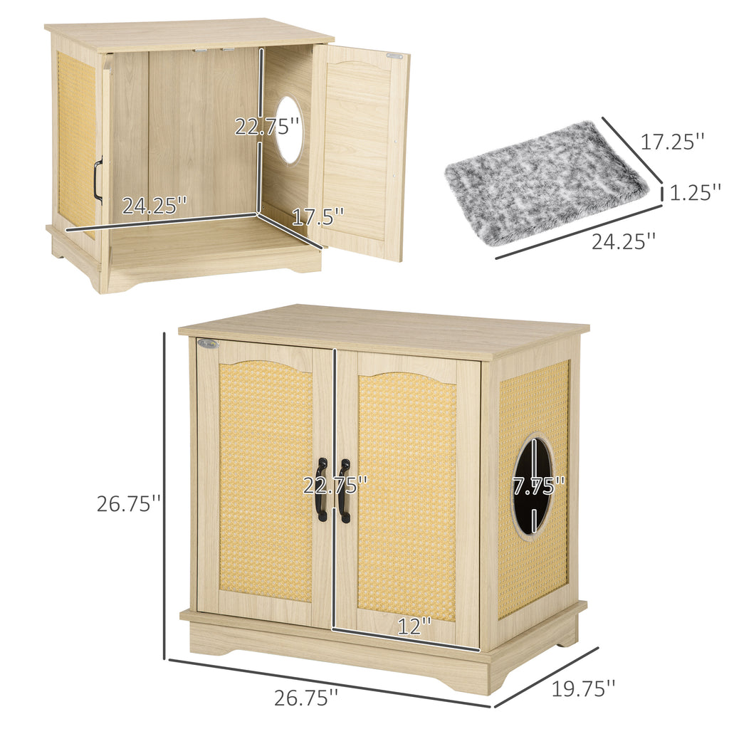 Hidden Litter Box Enclosure Cat Washroom Furniture with Cushion Double Doors Wooden Pet House End Table, Oak
