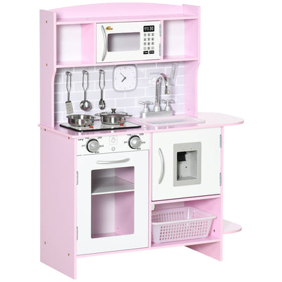 Wooden Play Kitchen with Lights Sounds, Kids Kitchen Playset with Water Dispenser, Microwave, Utensils, Sink, Spacious Storage, Stove, Gift for 3-6 Years Old, Pink