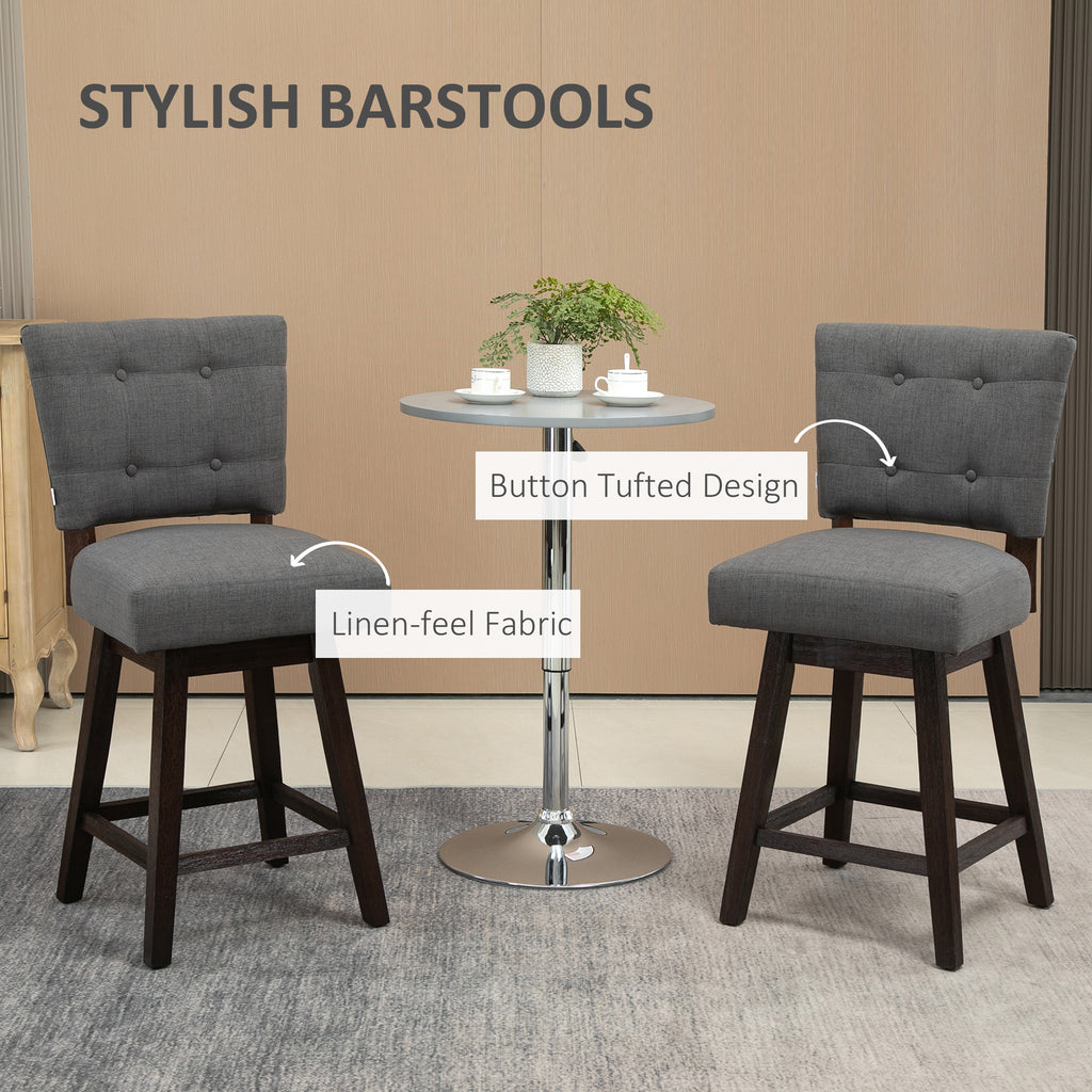 Stools Set, Bar Stools with Backs, Rubber Wood Legs, Button Tufted Design, Linen-Feel Fabric for Kitchen, Bar, Counter Height Stools, Dark Grey