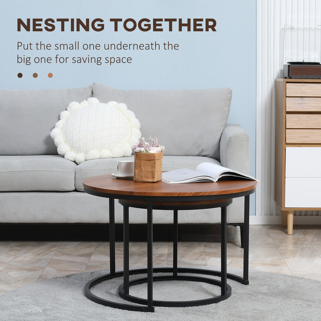 Round Nesting Tables Set of 2, Stacking Coffee Table Set with Metal Frame for Living Room, Dark Walnut