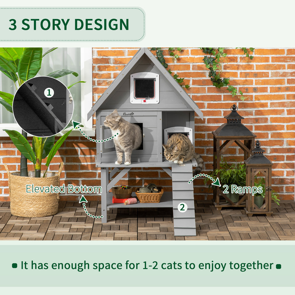 Outdoor Cat House with Terrace, 3-Story Feral Cat House with Weather Resistant Roof, Wooden Cat Shelter with Escape Doors Ramps, Resting Condos