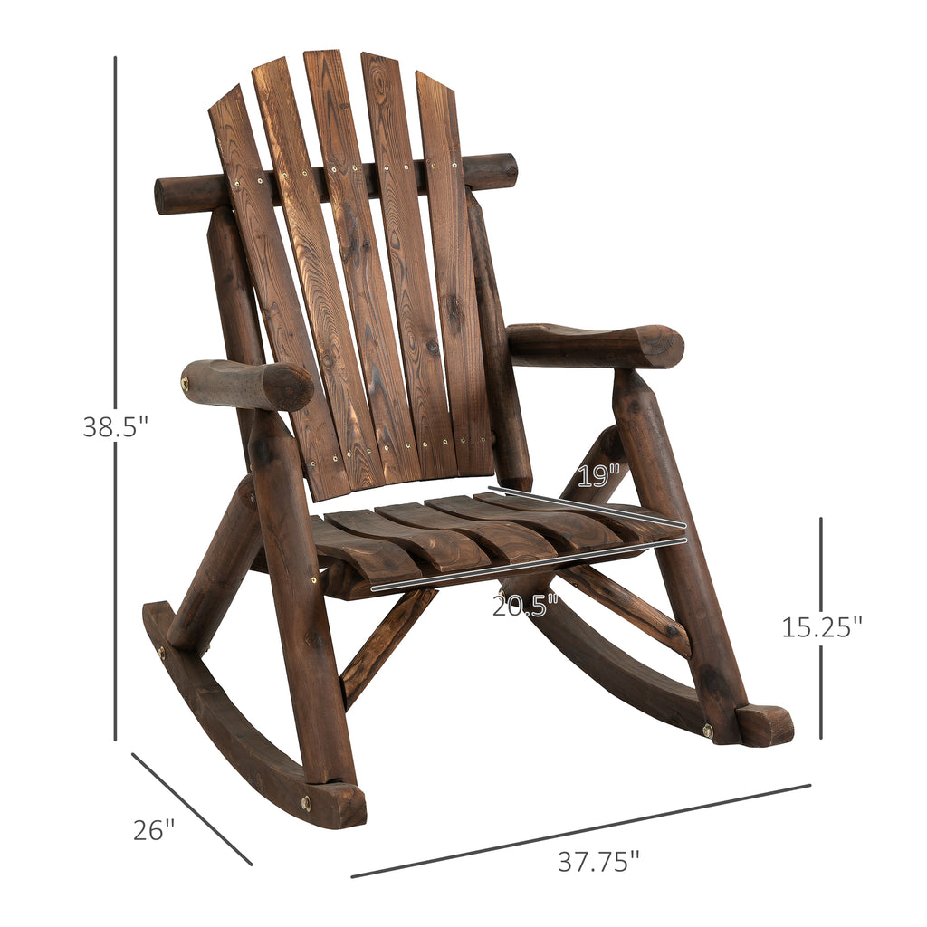 Wooden Adirondack Rocking Chair, Outdoor Rustic Log Rocker with Slatted Design for Patio, Carbonized