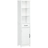 Modern Bathroom Cabinet, Narrow Storage Cabinet with 3 Open Shelves, Drawer, Recessed Door and Adjustable Shelf, White