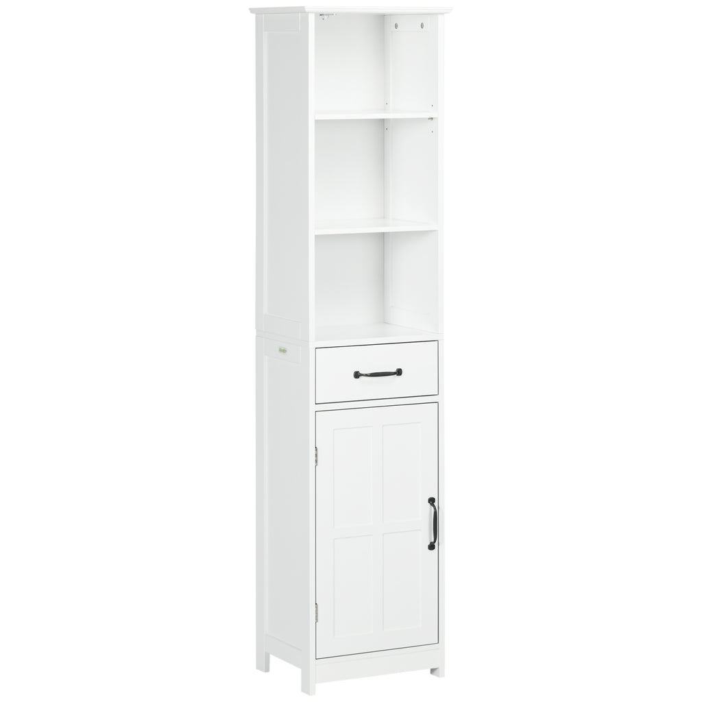 Modern Bathroom Cabinet, Narrow Storage Cabinet with 3 Open Shelves, Drawer, Recessed Door and Adjustable Shelf, White