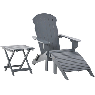 3 Piece Patio Furniture Set Adirondack Chair with Ottoman and Table Folding Design Outdoor Wooden Lounger for Garden, Patio Porch, Grey