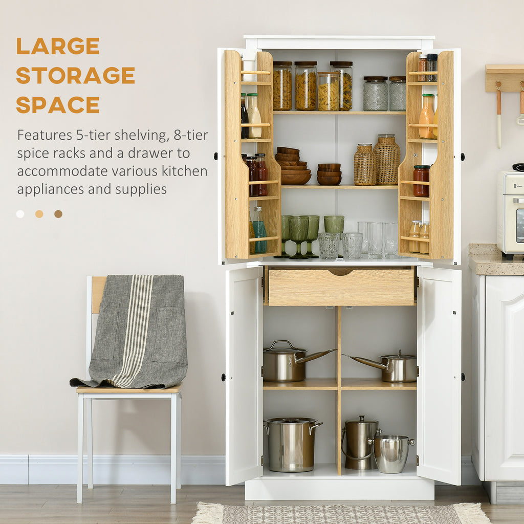 72" Kitchen Pantry, Modern 4-Door Kitchen Storage Cabinet with Inside Drawer, Hanging Door Shelves, 5-tier Shelving and Adjustable Shelf, White