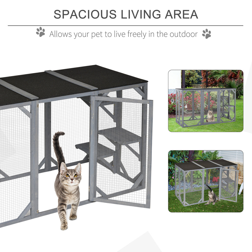 Wooden Outdoor Cat House Catio Kitten Enclosure Indoor Cage with Asphalt Roof, Multi-Level Platforms and Large Enter Door - 71"L, Grey