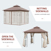 10' x 10' Outdoor Patio Gazebo Canopy with 2-Tier Polyester Roof, Netting, Curtain Sidewalls, and Steel Frame, Brown