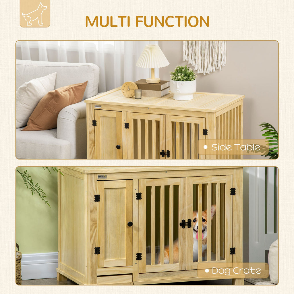Wooden Dog Crate, Indoor Dog Kennels with Cushion Drawer Bowl Storage for Small Dogs, 37.5" x 23" x 27.5", Natural