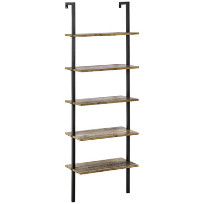 Industrial 5 Tier Ladder Shelf, Wall Mount Storage Shelves Bookcase with Metal Frame, Corner Unit, Plant Flower Rack for Balcony, Brown