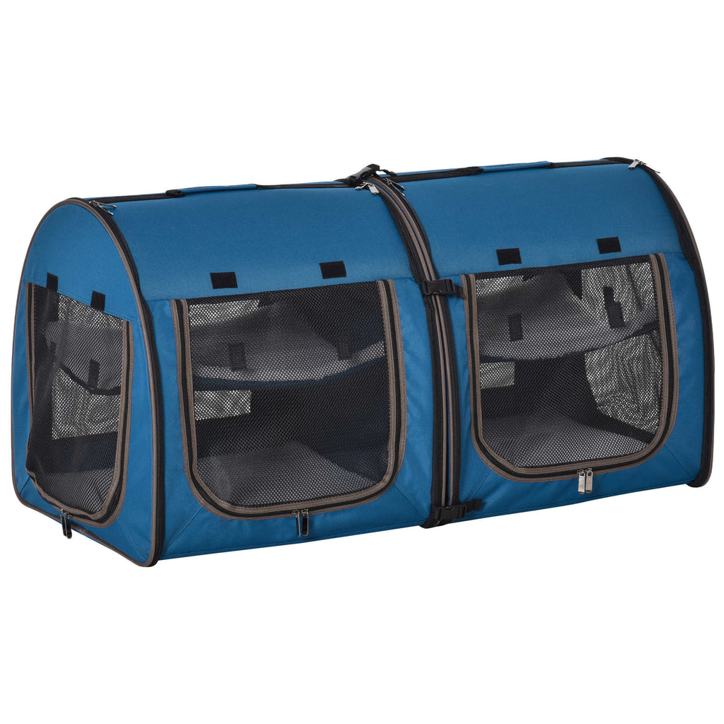 39" Portable Soft-Sided Pet Cat Carrier With Divider  Dual Compartment  Soft Cushions  & Storage Bag  Blue