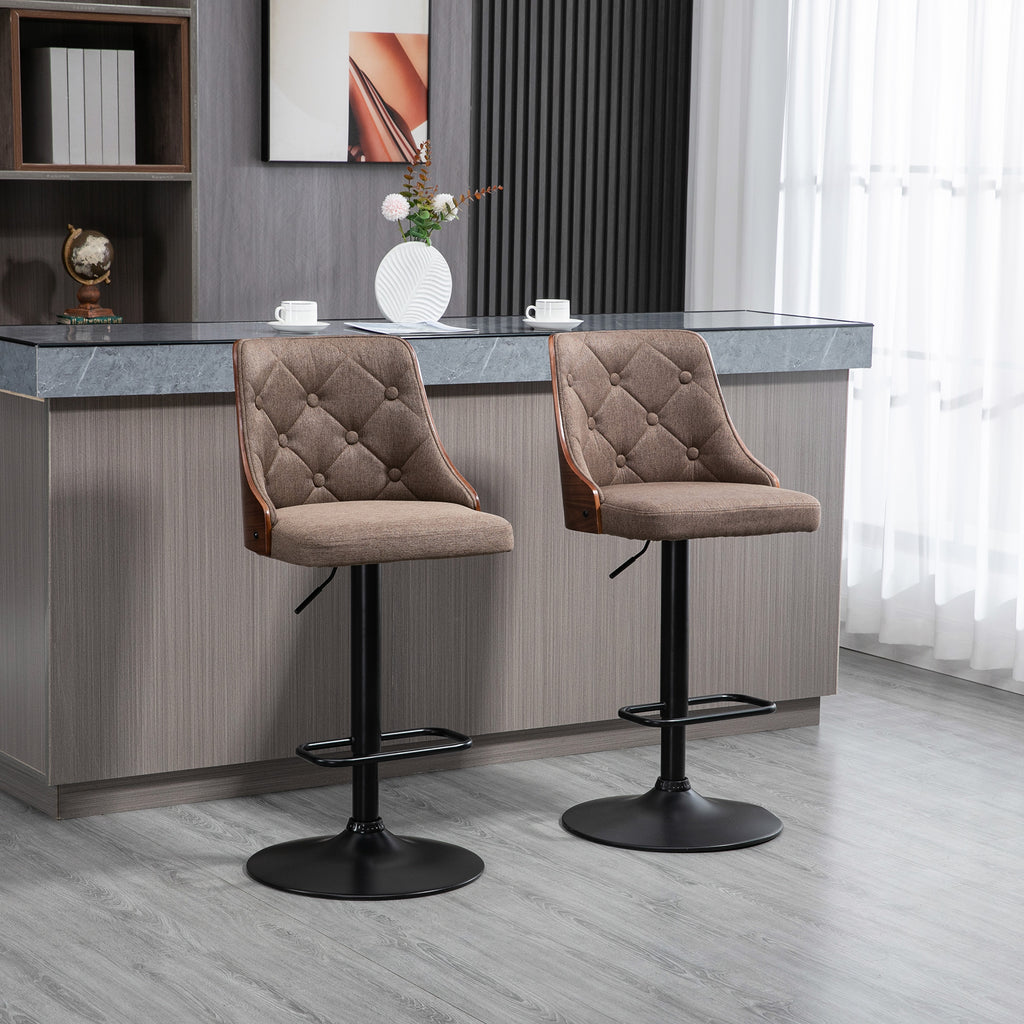 Counter Height Bar Stools Set of 2, Height Adjustable Swivel Barstools with Footrest and Tufted Back, Linen Fabric Bar Chairs, Brown