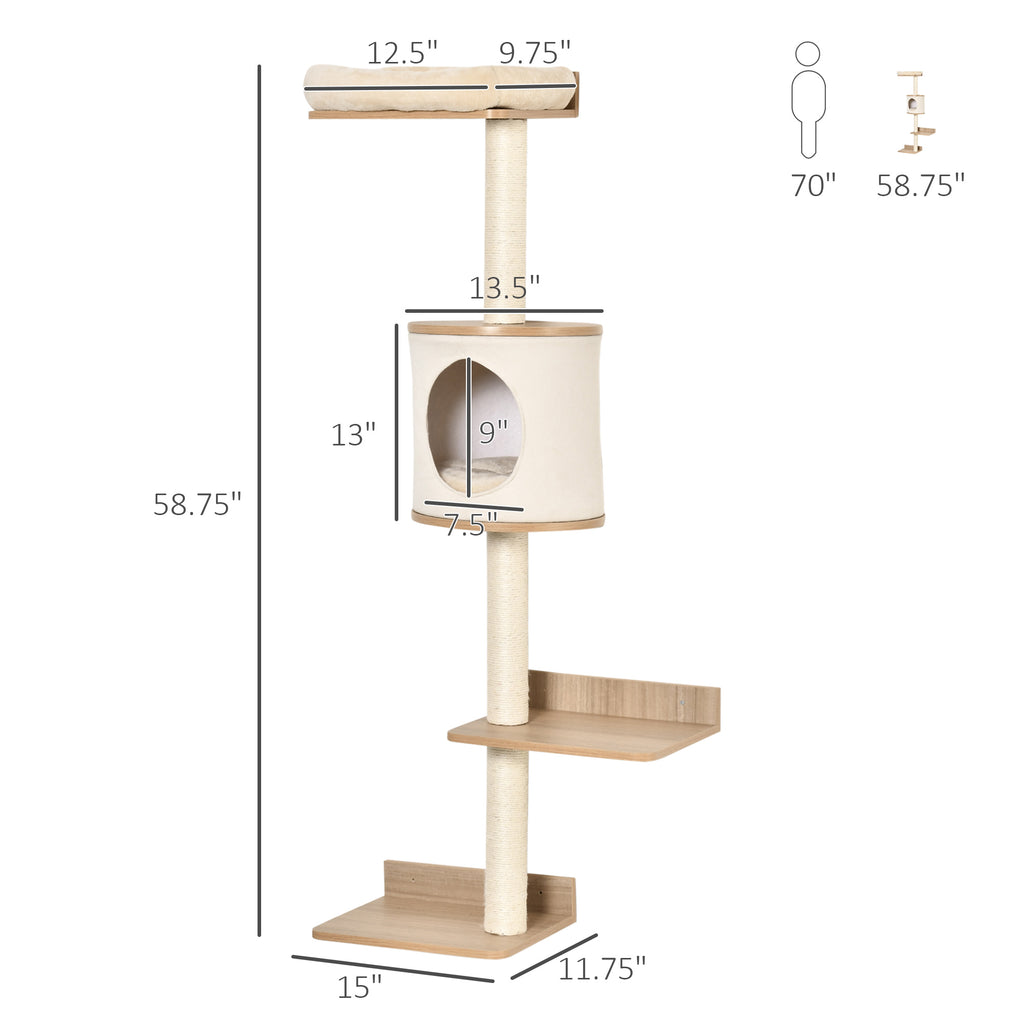 4-Level Wall-Mounted Cat Tree Activity Tower, Wall Cat Shelves with Sisal Rope Scratching Posts, Cat Condo and Bed, Light Brown