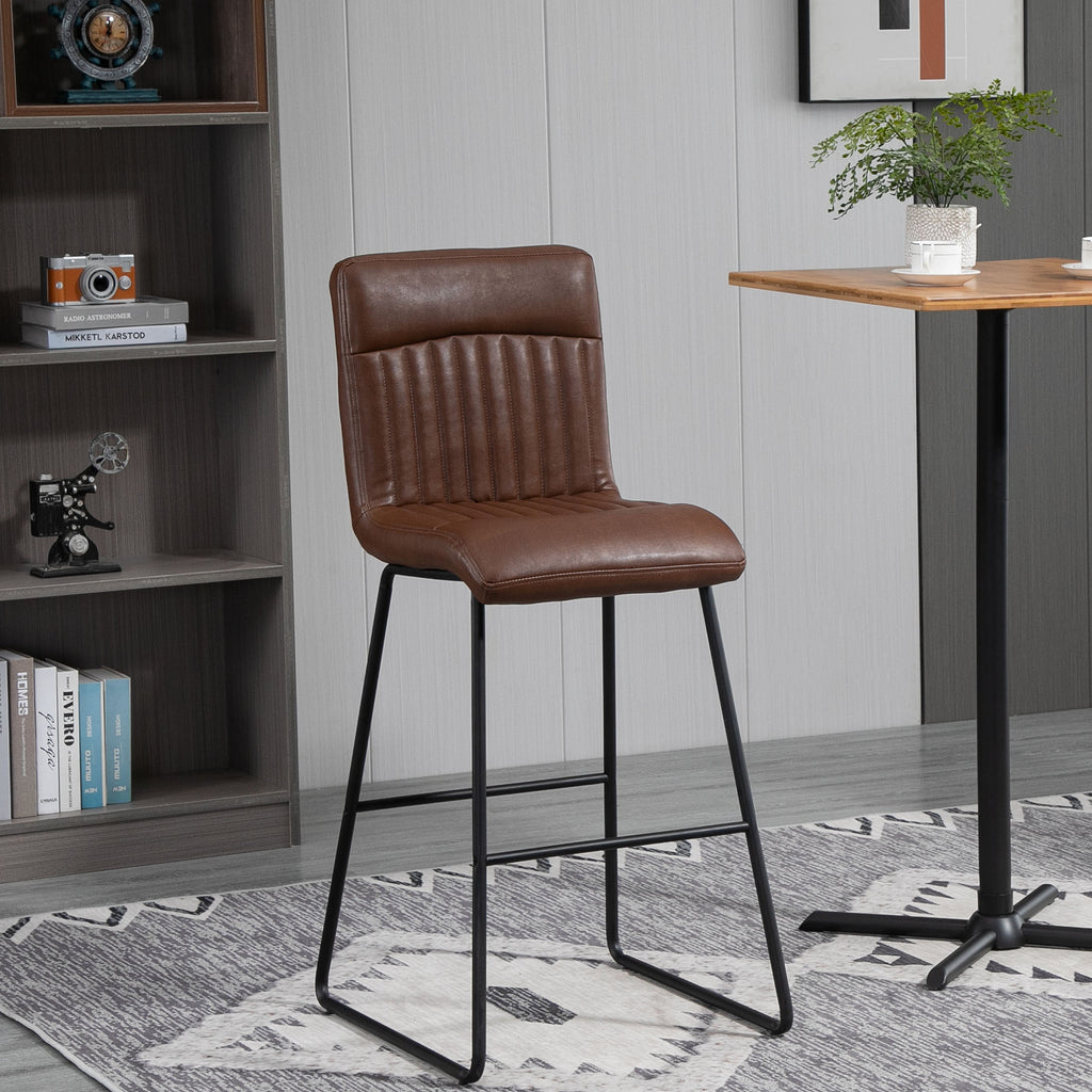 30" Industrial Bar Stool, PU Leather Barstool with Footrest, Upholstered Armless Pub Height Chair, Brown/Black
