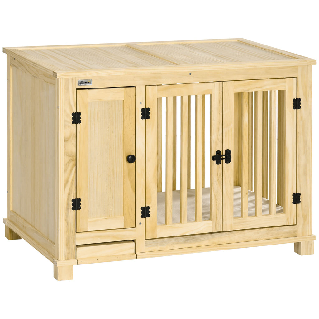 Wooden Dog Crate, Indoor Dog Kennels with Cushion Drawer Bowl Storage for Small Dogs, 37.5" x 23" x 27.5", Natural