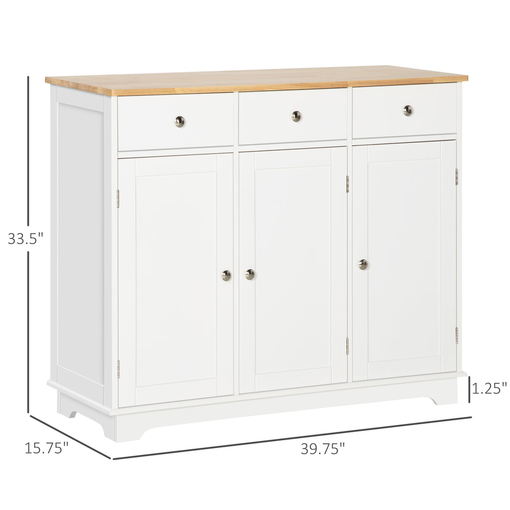 Modern Sideboard Buffet with Rubberwood Top, Buffet Cabinet with 3 Drawers, 3 Cabinets and Adjustable Shelves for Kitchen, Buffet Table, White