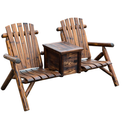 Wooden Double Adirondack Chair Loveseat with Inset Ice Bucket, Rustic Aesethic, & Weather-Resistant Materials