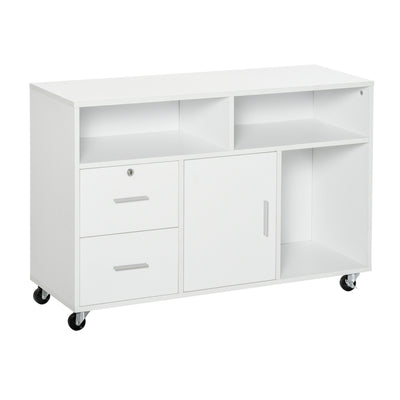 Printer Stand Home Office Mobile Cabinet Organizer Desktop with Caster Wheels, 2 Locking Breaks and Drawer, White
