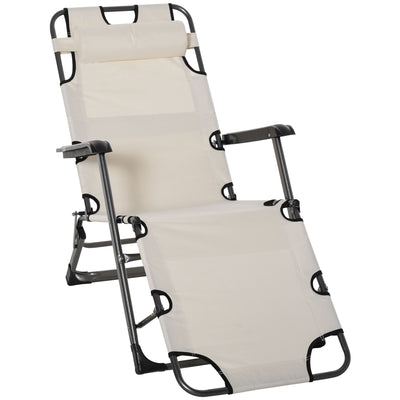 Outdoor Folding Reclining Lounge Chairs Beach Patio Oxford Fabric 120Â° /180Â° W/ Head Pillow Cream White