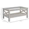 Farmhouse Style Coffee Table with Wood Frame, Tempered Glass Tabletop and Underneath Storage Shelf for Living Room, White Oak
